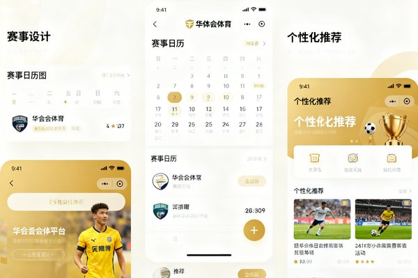 华体会体育平台最新版本的功能界面截图拼贴，展示了全新设计的赛事日历视图和个性化推荐模块，界面以白色和暖金色为主