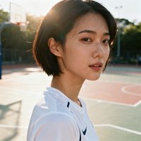 一位留着短发的亚洲女性用户头像，穿着白色运动T恤，背景是户外篮球场，阳光自然洒落在她肩上
